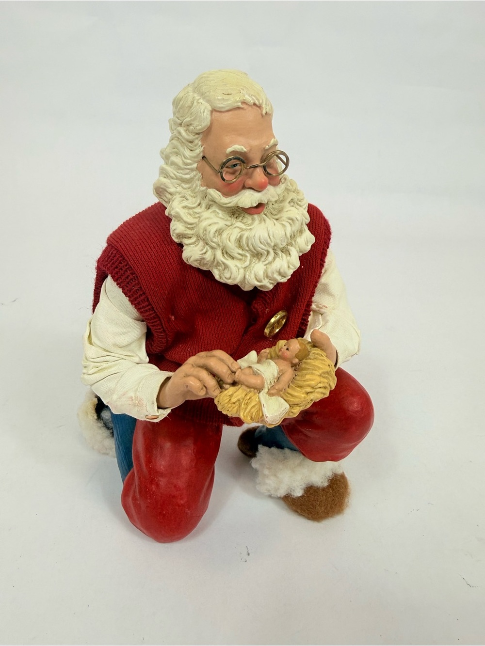Kurt Adler Kneeling Santa Figurine in Red, White, Cream,  Holding Baby Jesus